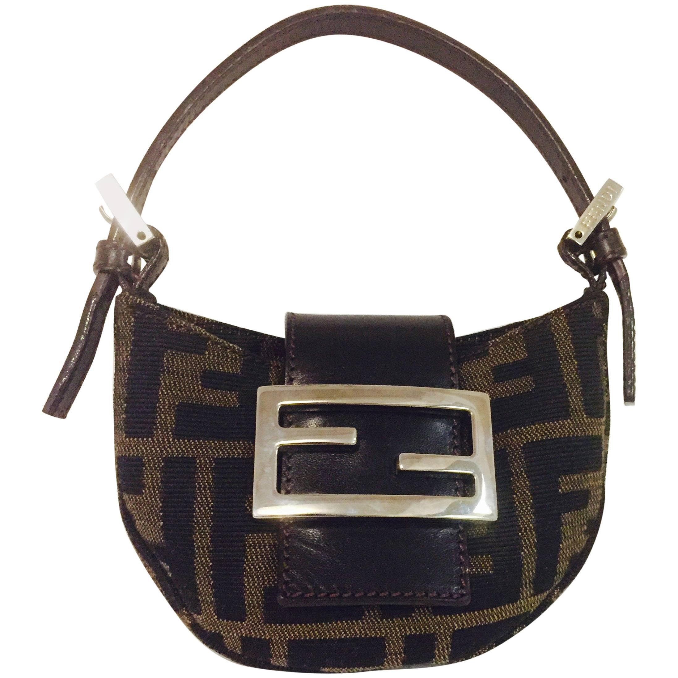 Famous Fendi Iconic Brown & Black Zucca Fabric with Brown Leather Strap & Flap