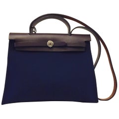 Hermès Toile Vache Hunter Herbag in Blue With Brown Leather Trim PM 31 PHW