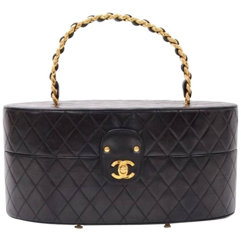 Chanel Black Lambskin Quilted Vanity Jewelry Travel Top Handle Satchel Bag
