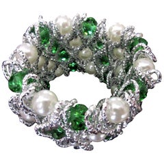 Vintage Fabulous Faux Pearl Emerald Green and Clear Crystal Caged Statement Bracelet