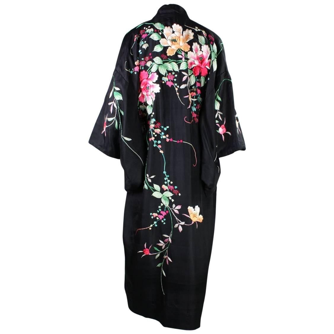 1920's Kimono Robe Black Silk with Embroidery