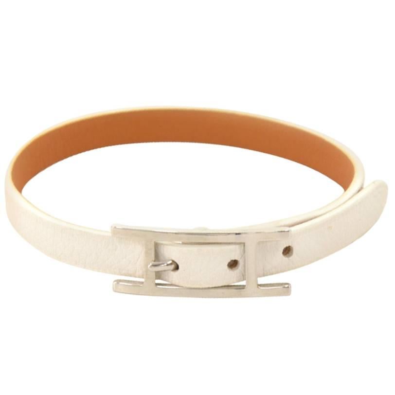 Hermes Api III White Leather Silver Tone H Logo Bracelet