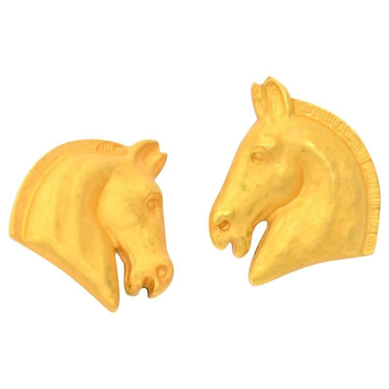 Hermes Gold Tone Horse Head Motif Earrings For Sale