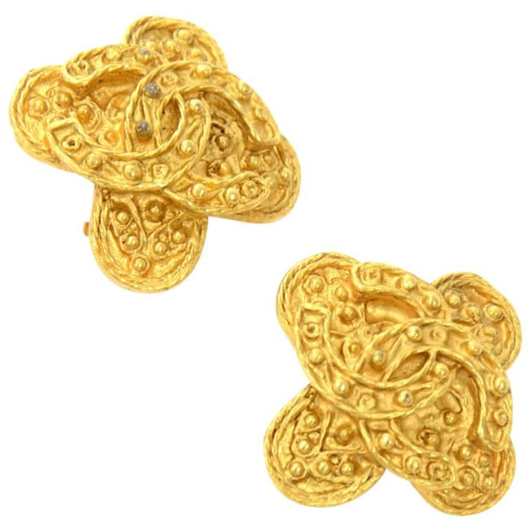 Chanel Gold Tone CC Logo Cross Shaped Earrings