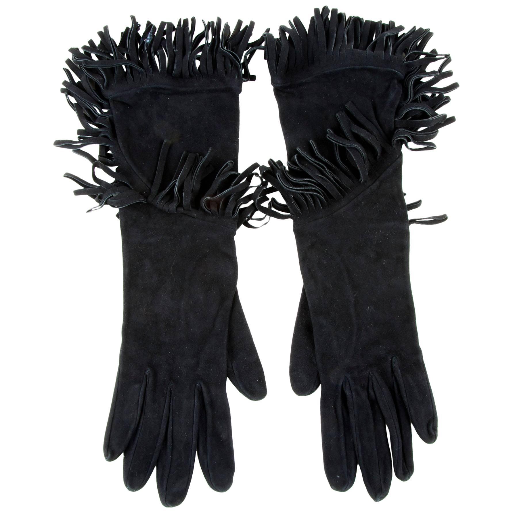 HERMES Mid-Length Fringed Gloves in Black Suede Size 7.5 EU