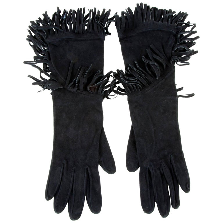 HERMES MidLength Fringed Gloves in Black Suede Size 7.5 EU at 1stdibs