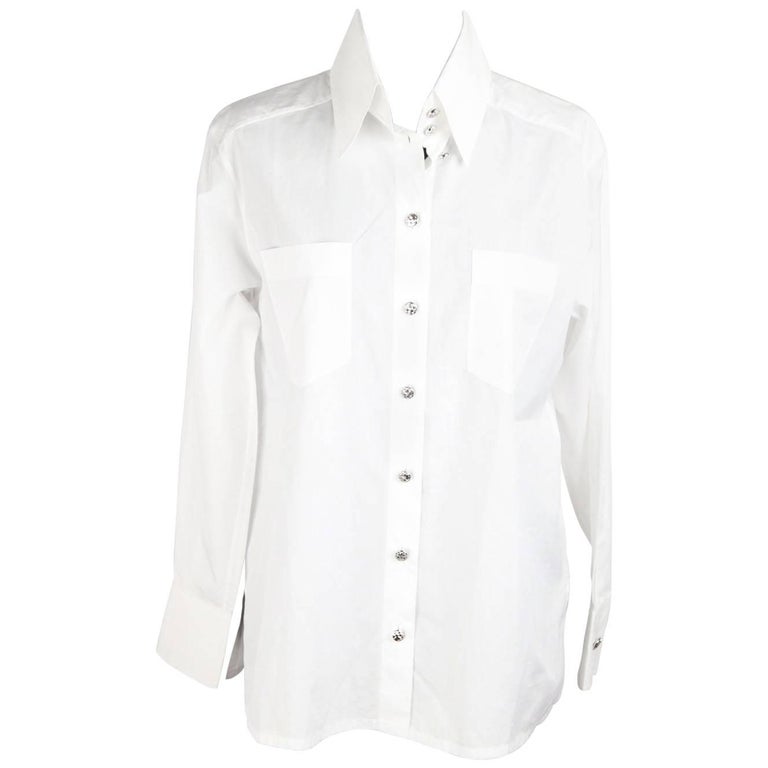 CHANEL White Cotton BUTTON DOWN SHIRT w/ Patch Pockets SIZE 34 For Sale