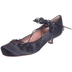 Alaia Black Satin Lace Up Ankle Ties Ballet Slippers Shoes 37EU