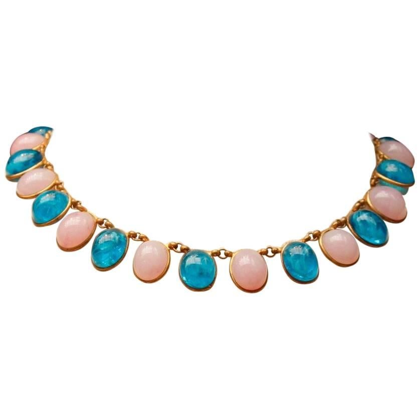 1960s Chanel Choker Composed of Pink and Blue Glass Paste Cabochons For Sale