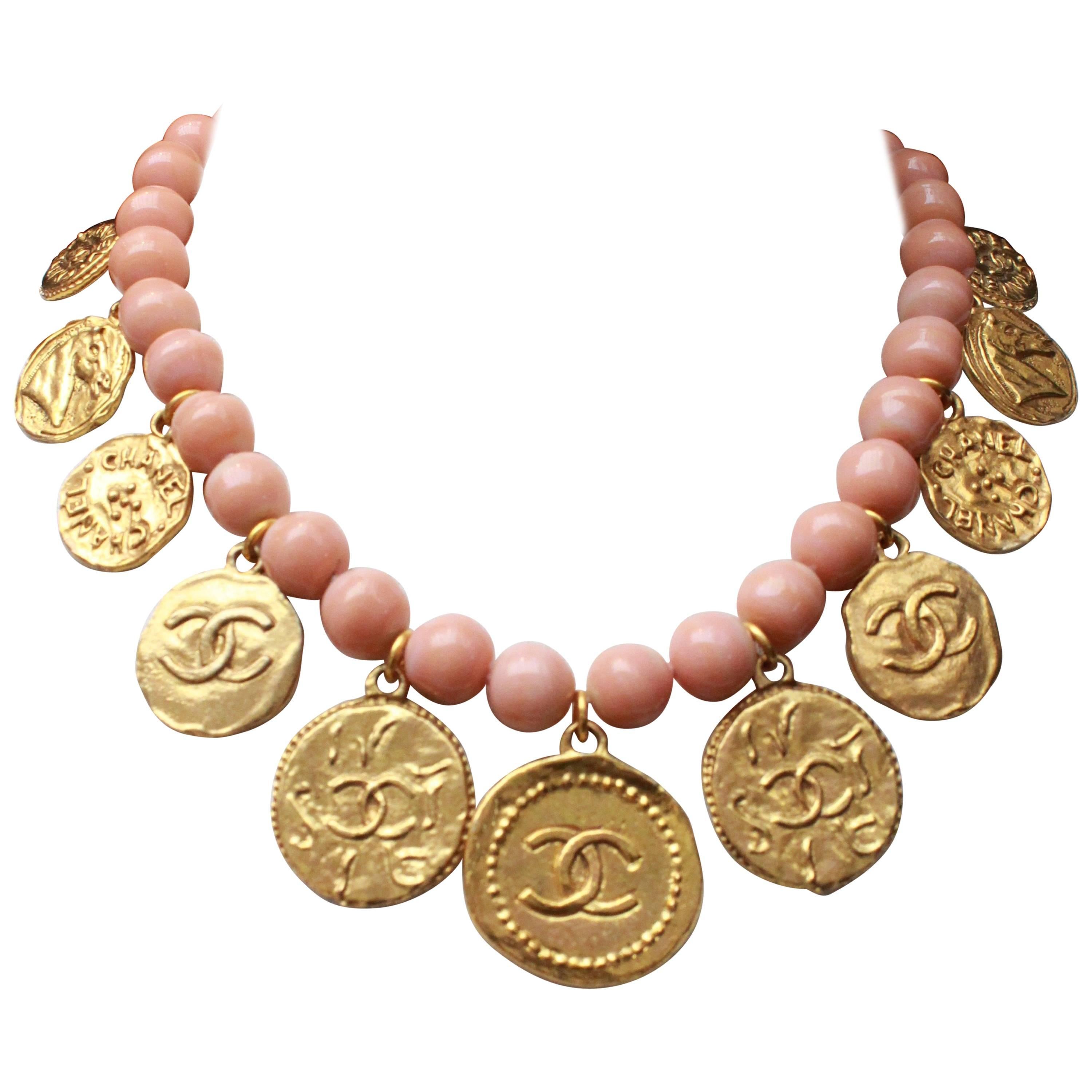 Chanel Pink Beads Choker with Medallions, 1980s  