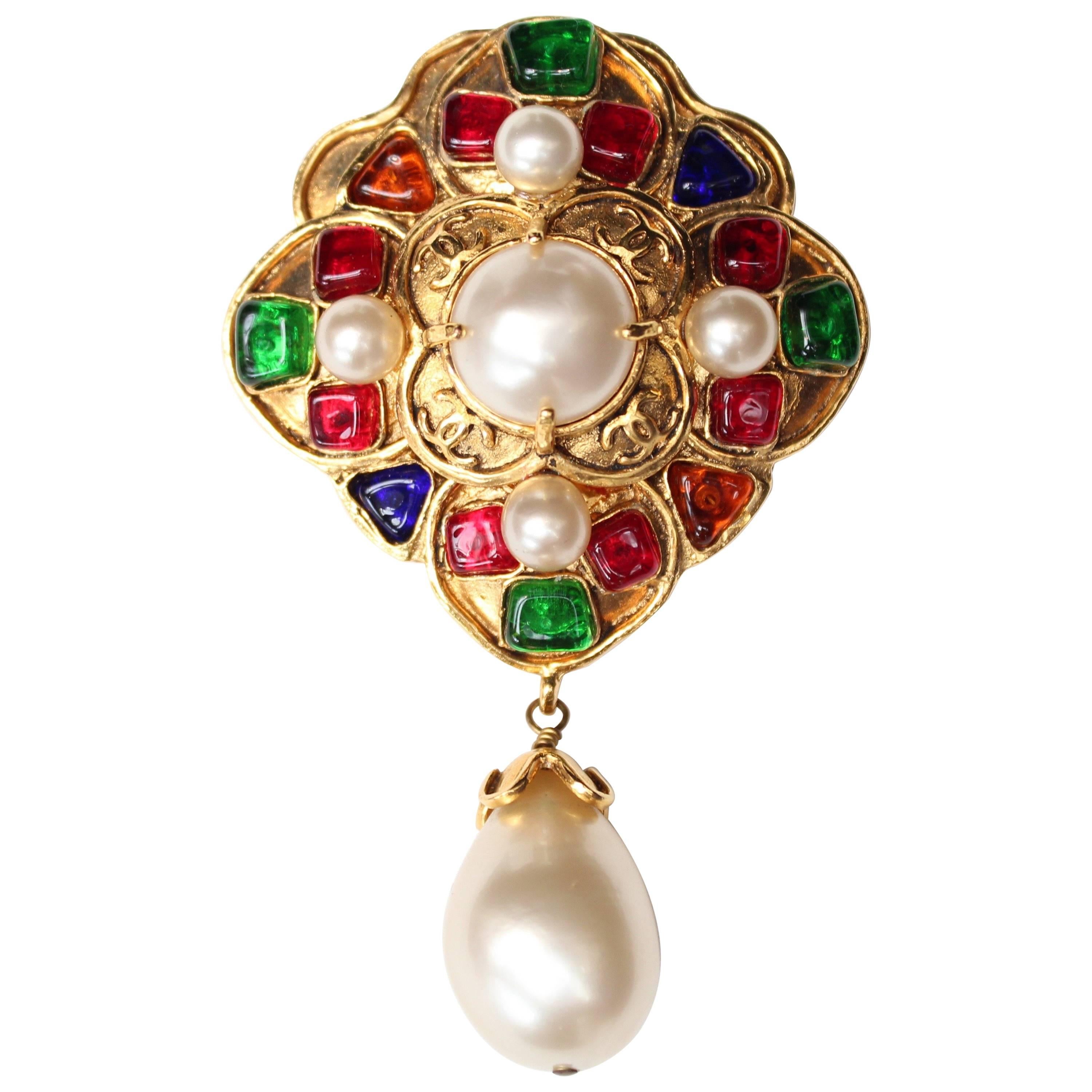 1994 Chanel gilded metal cross brooch with glass paste cabochons 