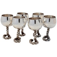 Gucci Silver Goblets 6pc Set Equestrian Twisted Rope Stemware Barware 70s