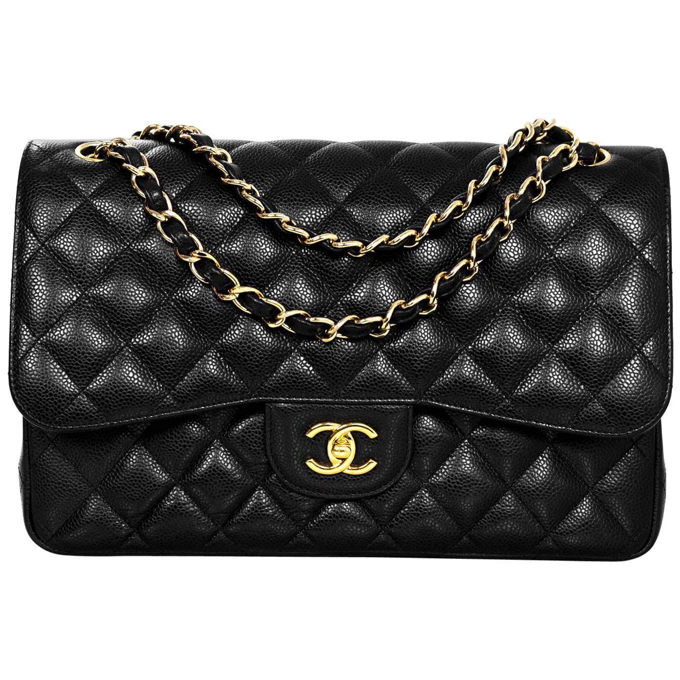Chanel Black Quilted Caviar Leather Jumbo Double Flap Classic Bag with Card