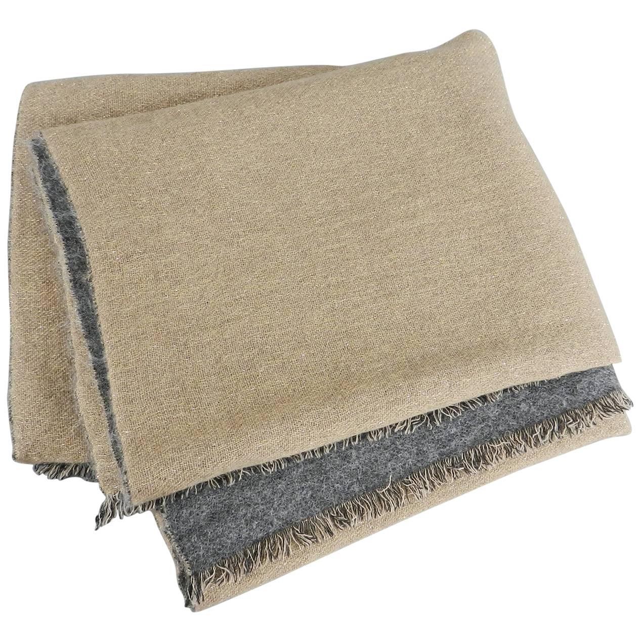Brunello Cucinelli Gold and Grey Double Sided Large Cashmere Scarf Shawl Wrap
