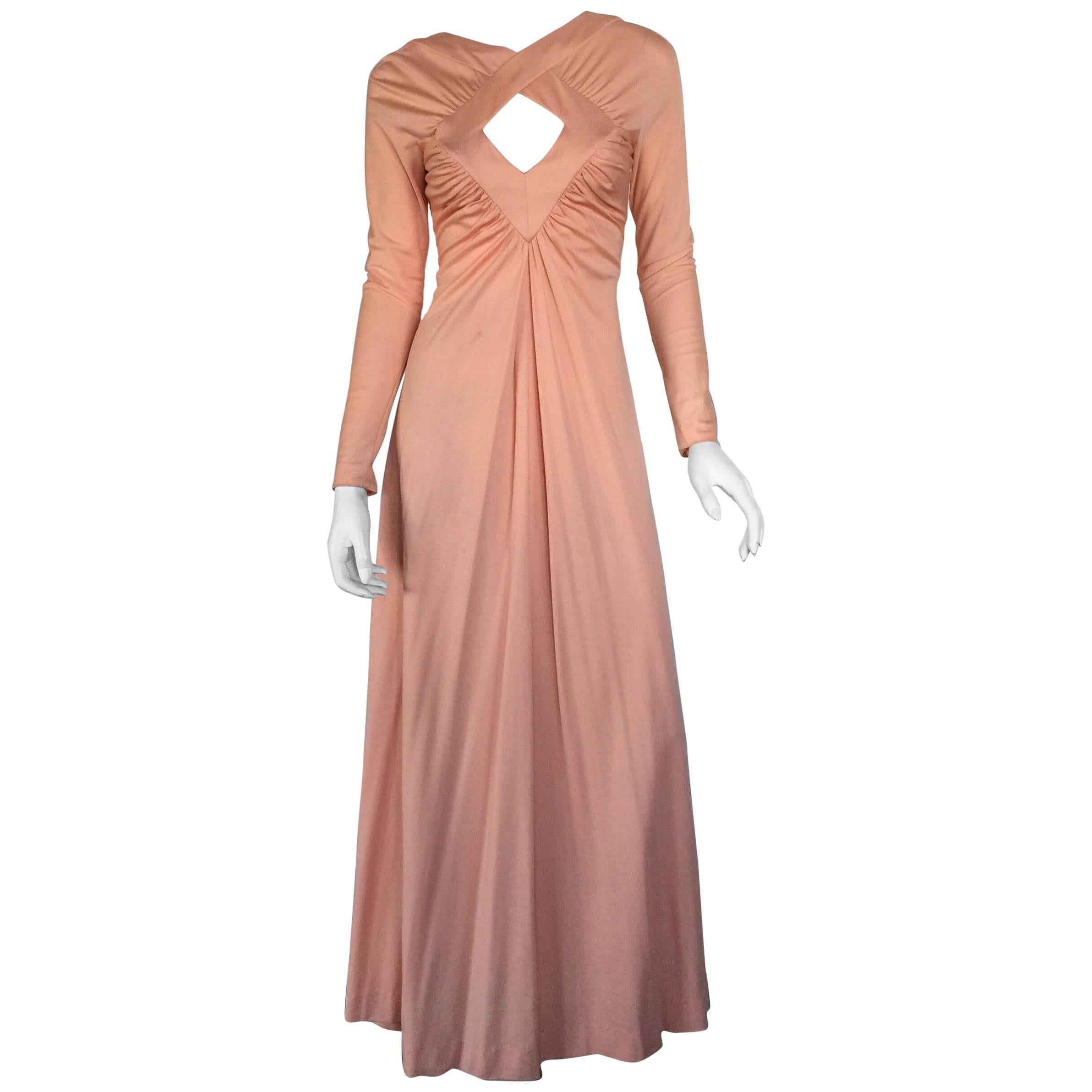 Peach silk jersey draped keyhole maxi dress For Sale