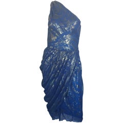 Bill Blass one shoulder metallic draped blue dress 