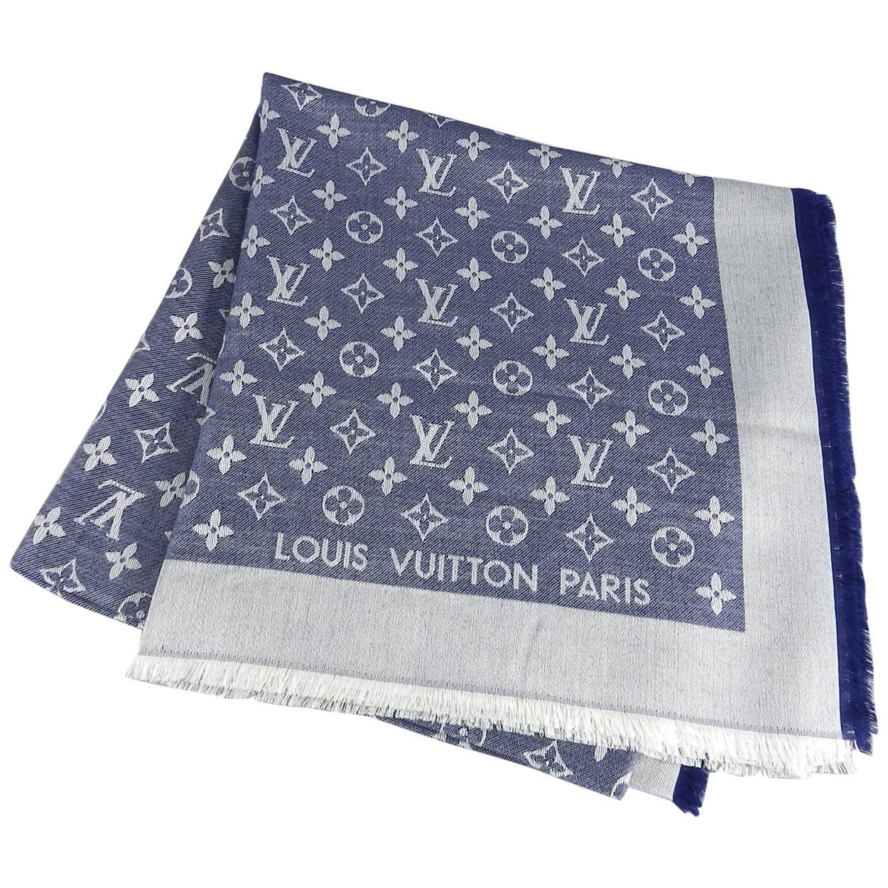 Louis Vuitton Blue Silk and Wool Monogram Denim Shawl at 1stDibs