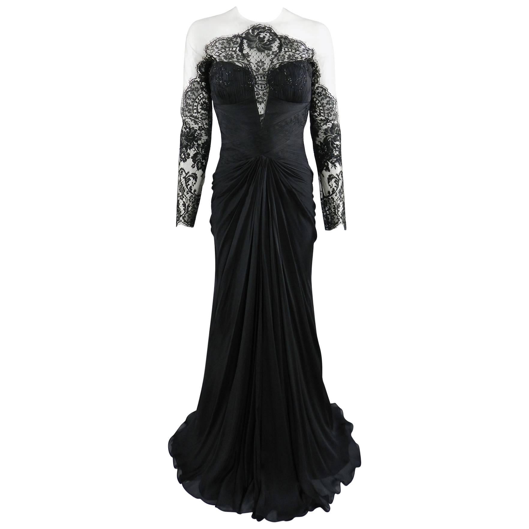 PAVONI Black Sheer Silk Chiffon / Illusion Lace Ruched Evening Gown  For Sale