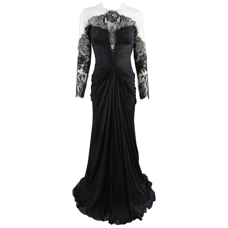 PAVONI Black Sheer Silk Chiffon / Illusion Lace Ruched Evening Gown For ...