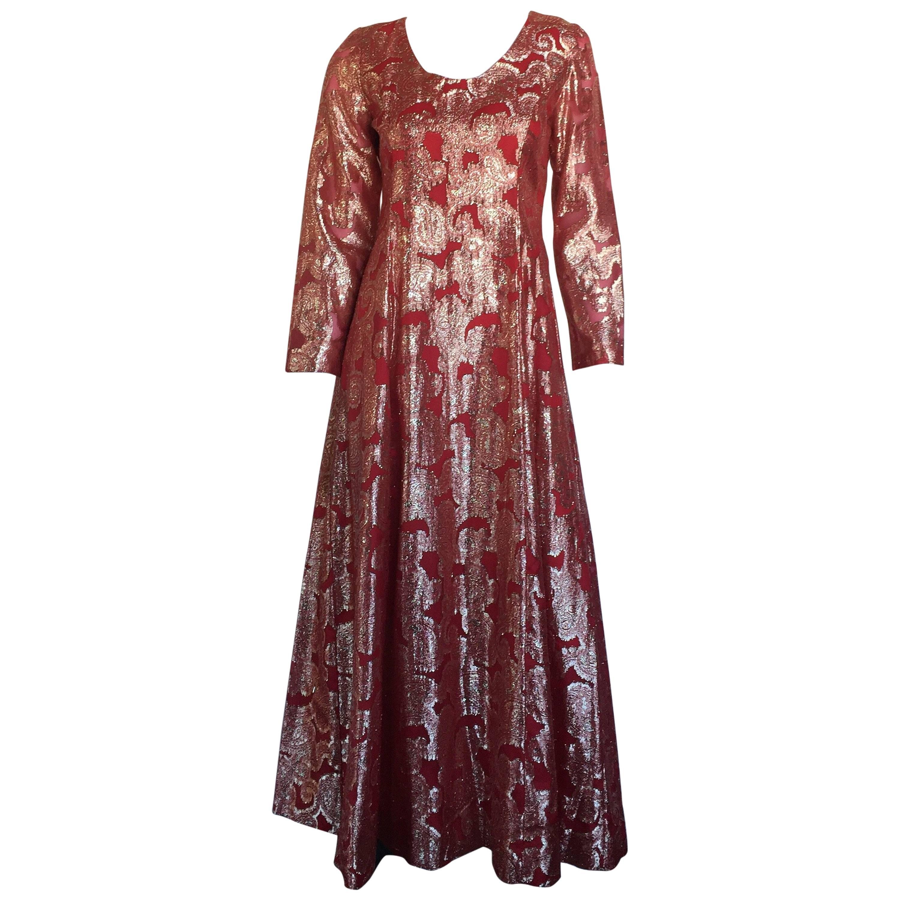 Gold and burnt red metallic long sleeve maxi dress  For Sale