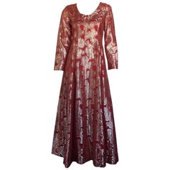 Gold and burnt red metallic long sleeve maxi dress