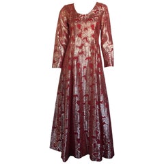 Gold and burnt red metallic long sleeve maxi dress 