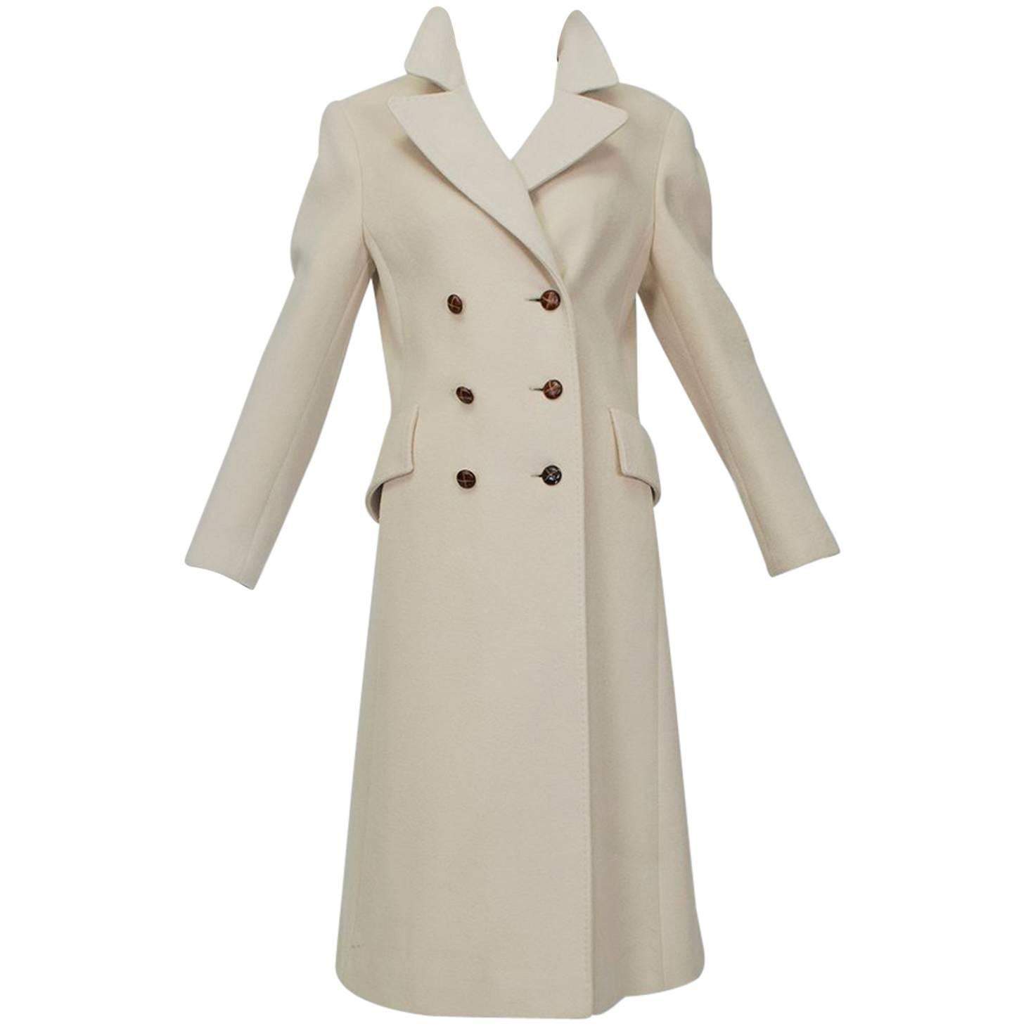 Ivory Cashmere Princess-Cut Military Trench Coat – I Magnin, 1970s