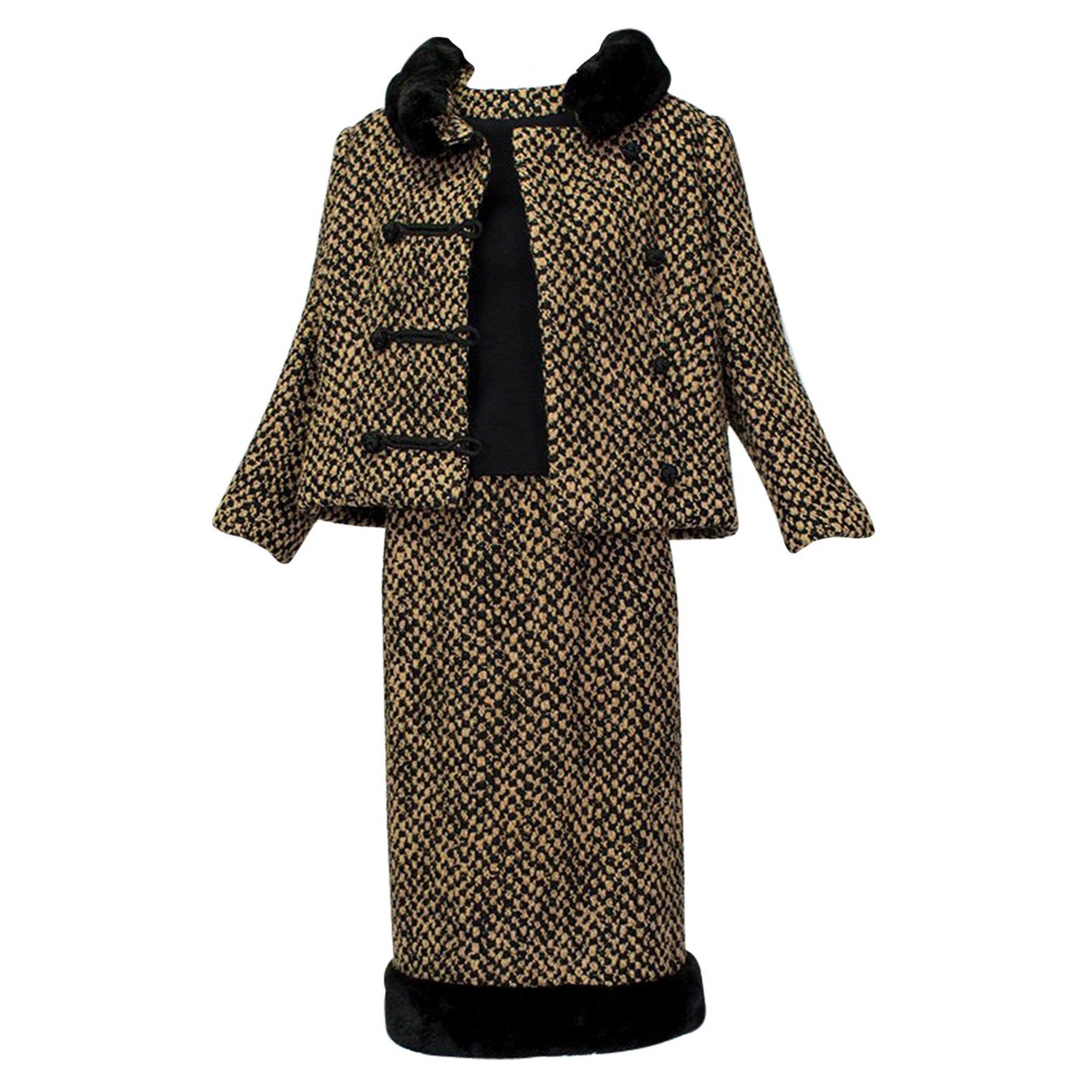 Brown Tweed Sheared Mink Trim Camelot Skirt Suit with Standing Collar- S, 1960s For Sale