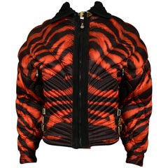 Retro Gianni Versace Apres Ski Red Tiger Print Bondage Puffer Jacket 1992
