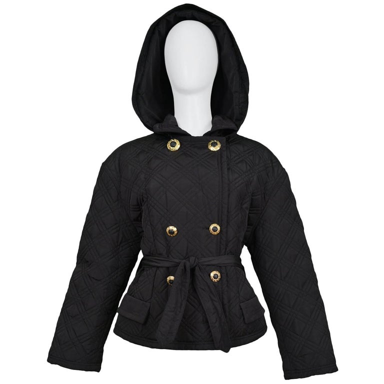 Gianni Versace Vintage Black Quilted Hooded Jacket with Gold Buttons
