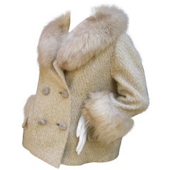 Neiman Marcus Fox Trim Ivory Boucle Wool Knit Jacket c 1970s 