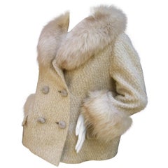 Neiman Marcus Fox Trim Ivory Boucle Wool Knit Jacket c 1970s