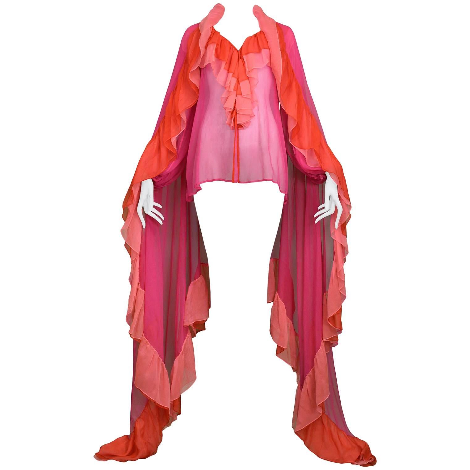 Yves Saint Laurent Hot Pink & Red Chiffon Peasant Blouse & Giant Ruffle Scarf