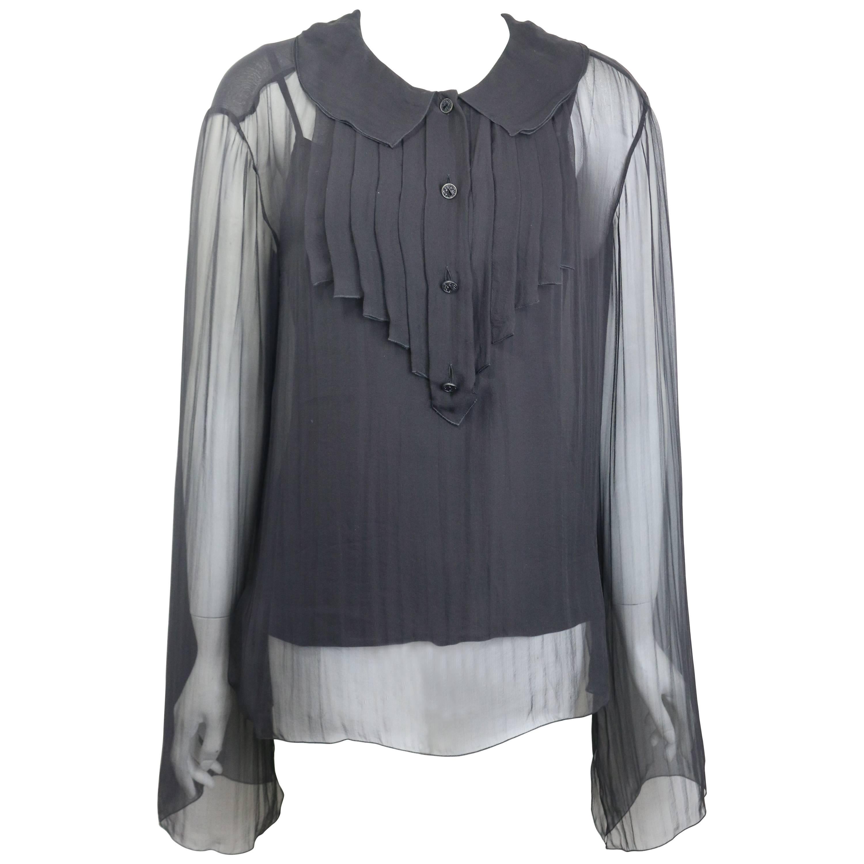 Chanel Black Silk See Through Long Sleeves Blouse 