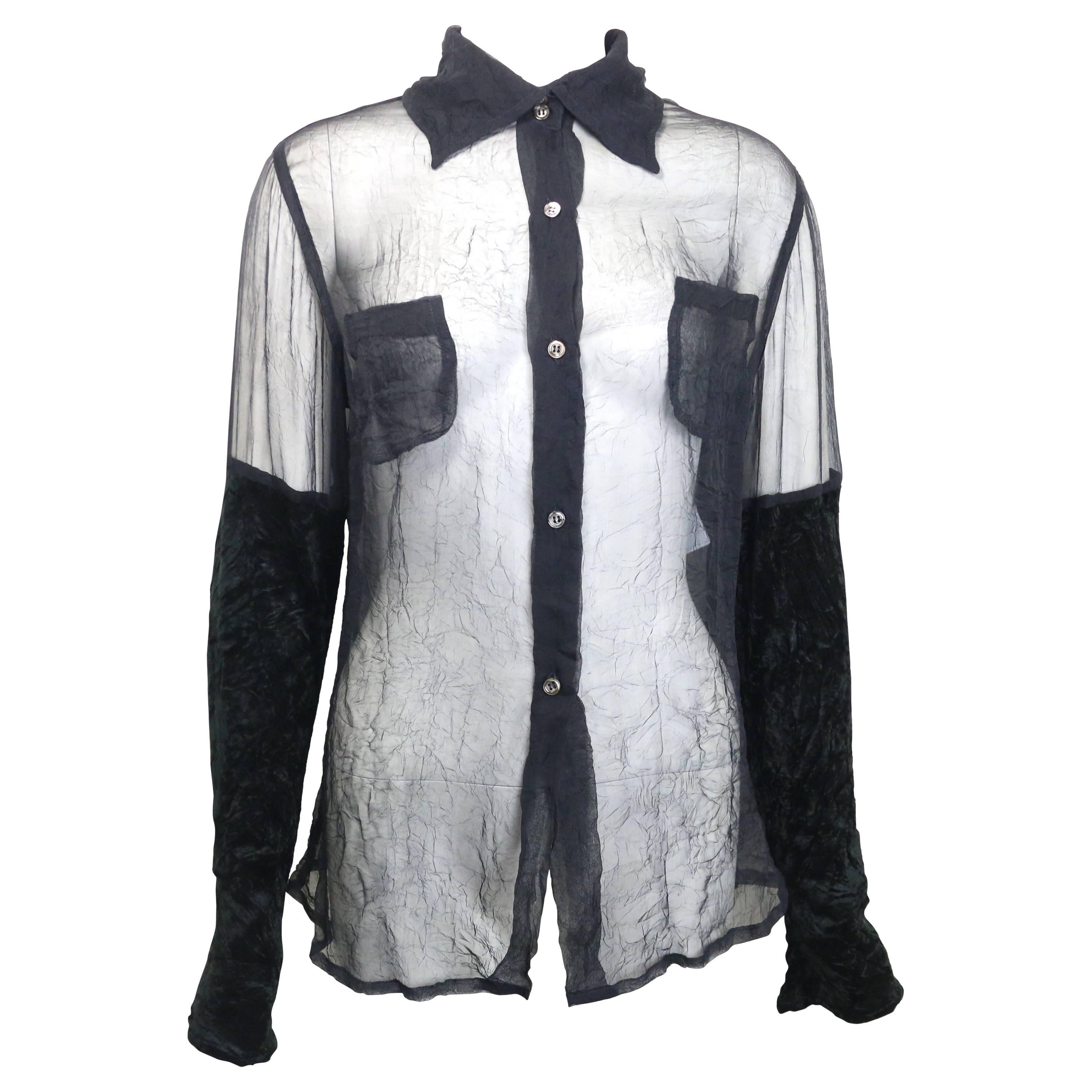 Vintage 90s Costume National Black Silk See Through with Velvet Sleeves Shirt