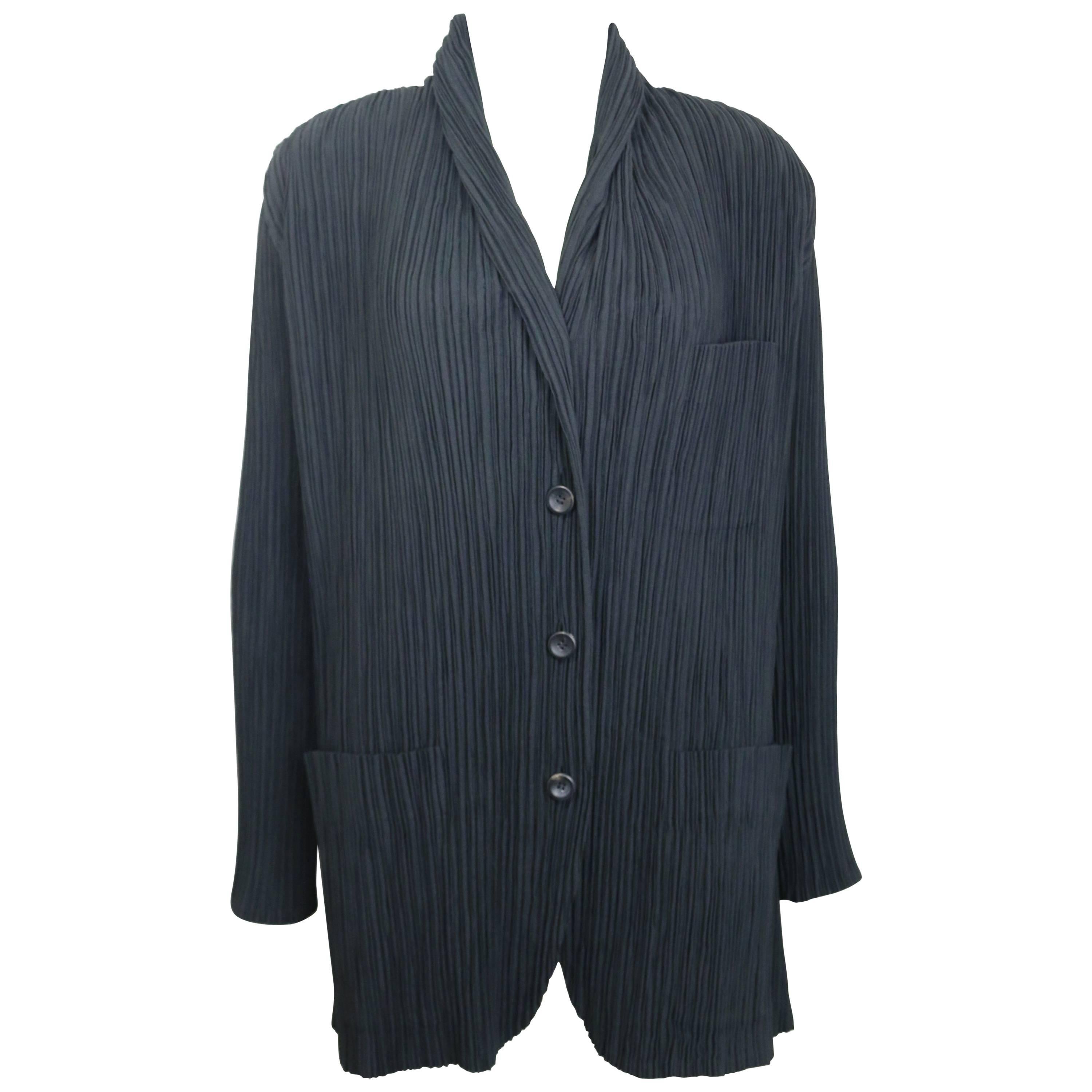 Issey Miyake Black Pleated Shawl Neck Jacket For Sale