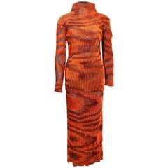 Unworn Issey Miyake Orange Velvet Plasma Wave Pattern Top and Skirt Ensemble 