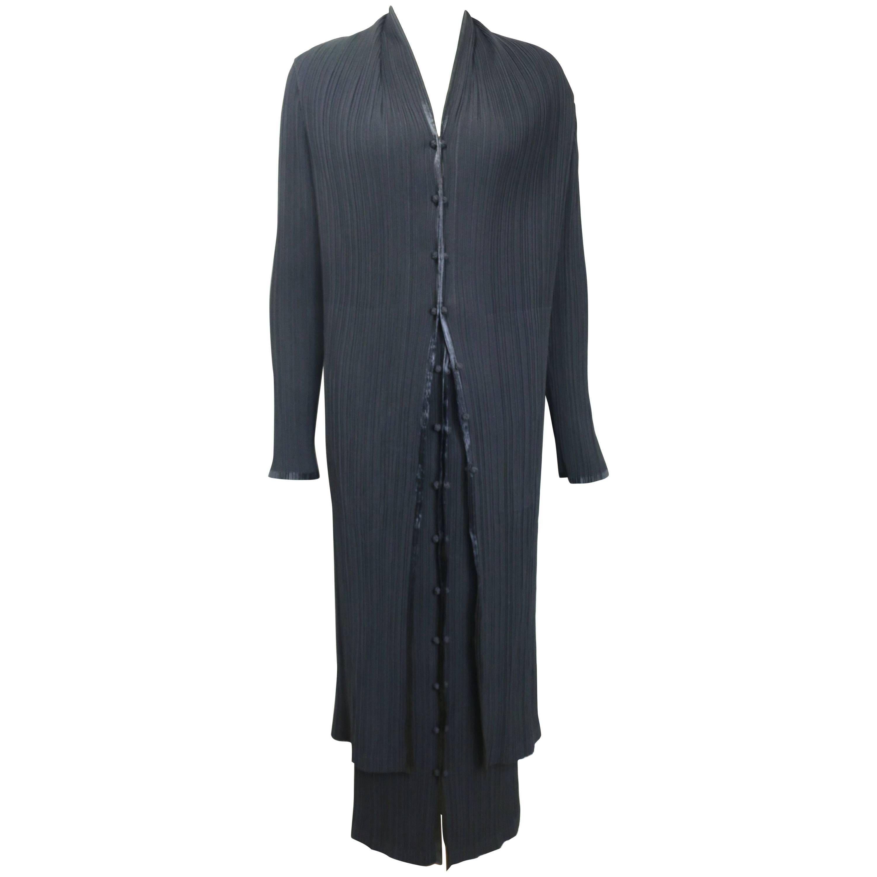 Issey Miyake Black Pleated Long Coat and Skirt Ensemble  For Sale