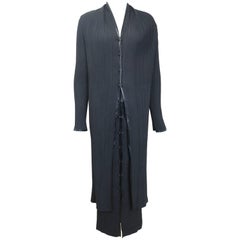 Issey Miyake Black Pleated Long Coat and Skirt Ensemble 
