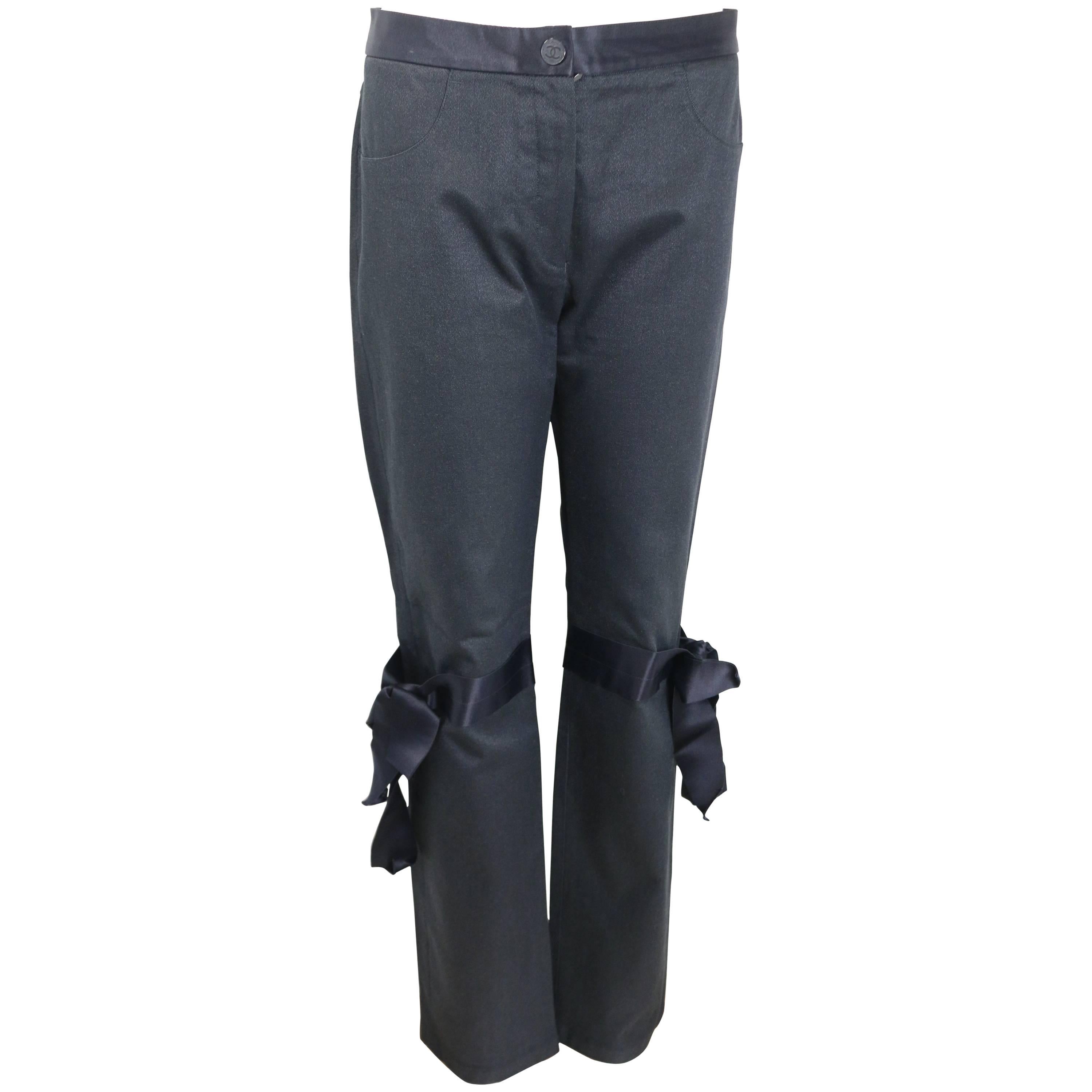 Chanel Black Jeans with Silk Tied Bows For Sale