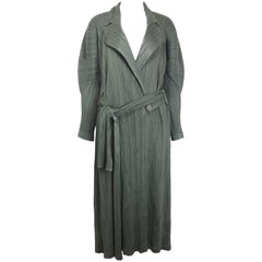 Issey Miyake Pleats Please Green Pleated Long Belted Coat