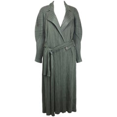 Issey Miyake Pleats Please Green Pleated Long Belted Coat  