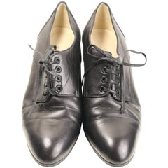 Vintage Chanel Black Lambskin Leather Lace-Up Oxford Heels Shoes 