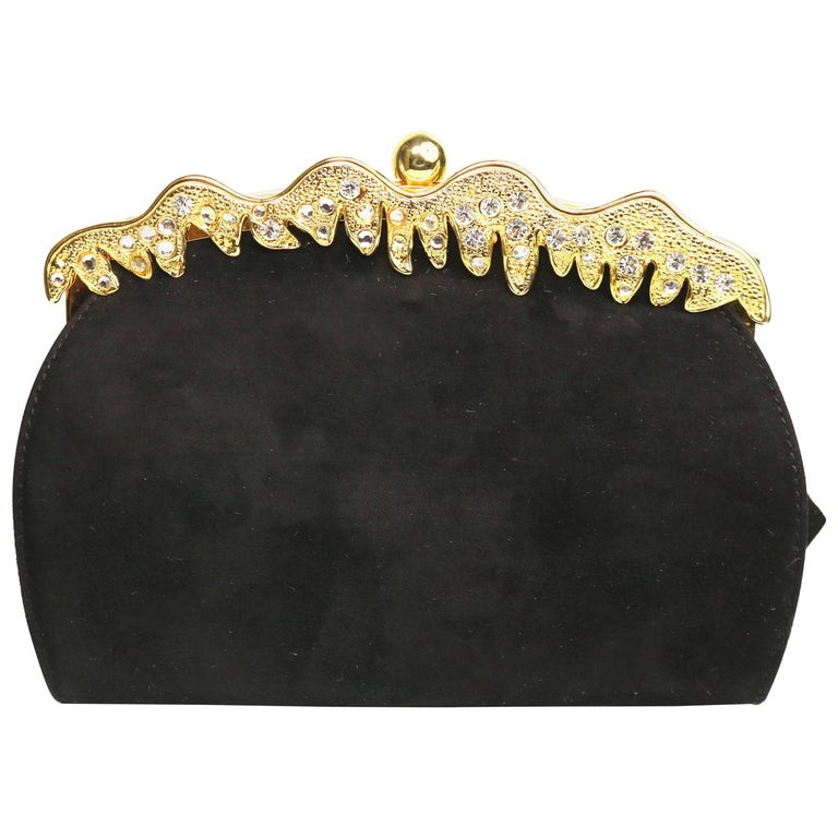 Rodo Black Suede Gold Toned Rhinestones Evening Clutch Shoulder Bag For