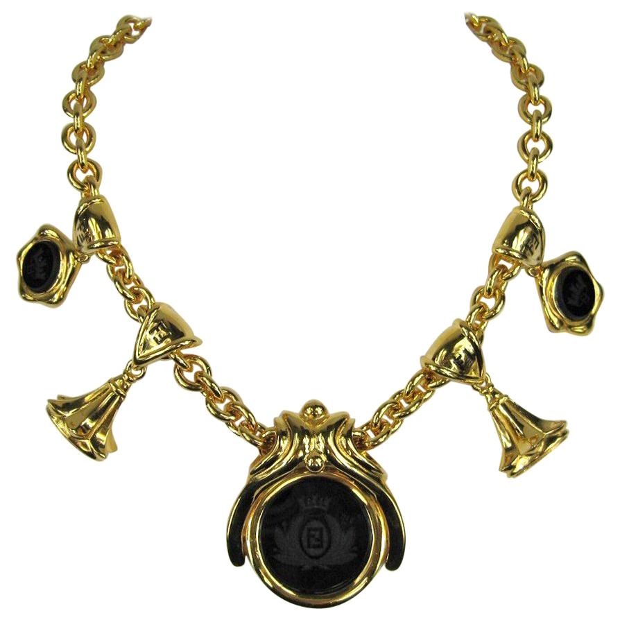  Fendi Crest Black Matte Necklace New, Never Worn, 1990s For Sale