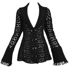 Alaia Black Boiled Wool Laser Cut Blanket Jacket with Fringe 1990s