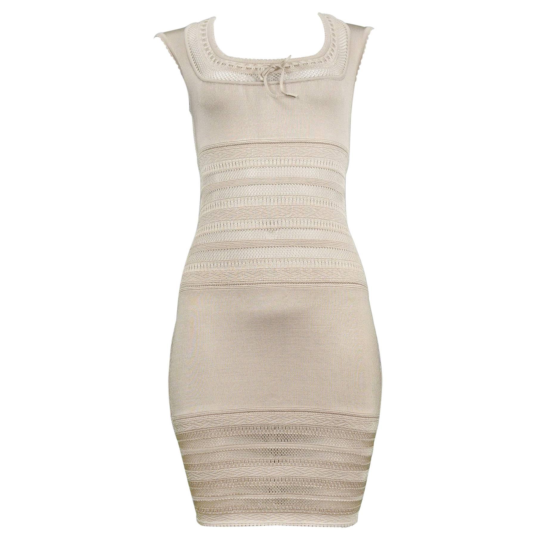 Iconic Vintage Alaia Neutral Tone Lace Bodycon Knit Dress 1990's For Sale