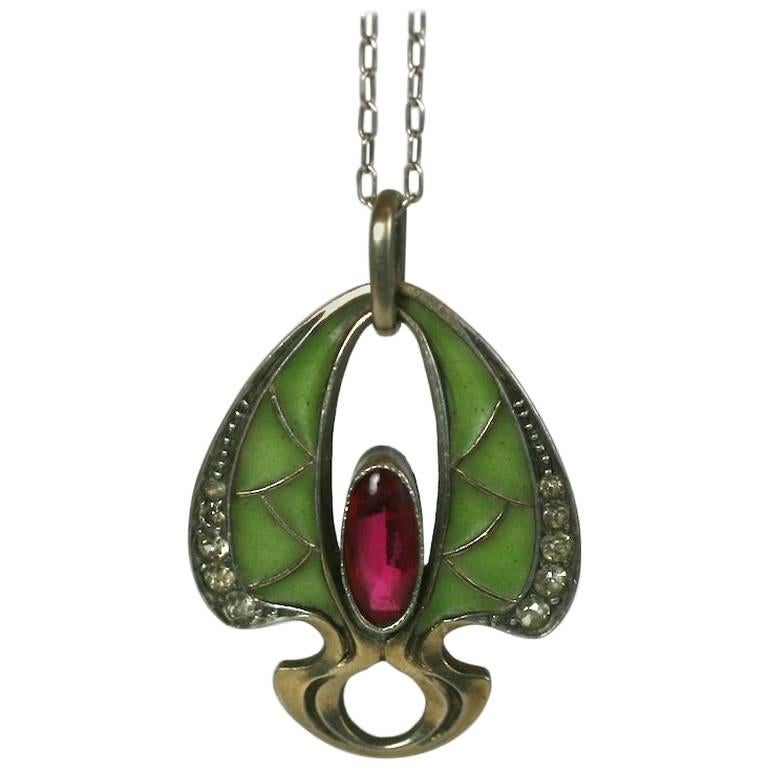  Art Nouveau Plique a Jour Pendant Necklace