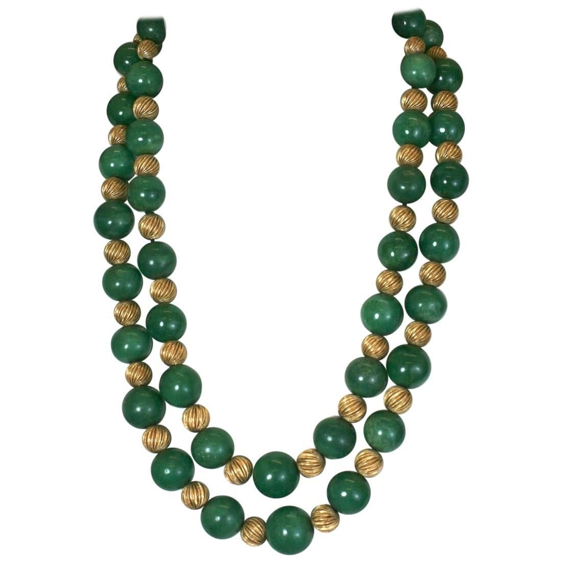 Adventurine and Ribbed Gold Bead Necklace For Sale