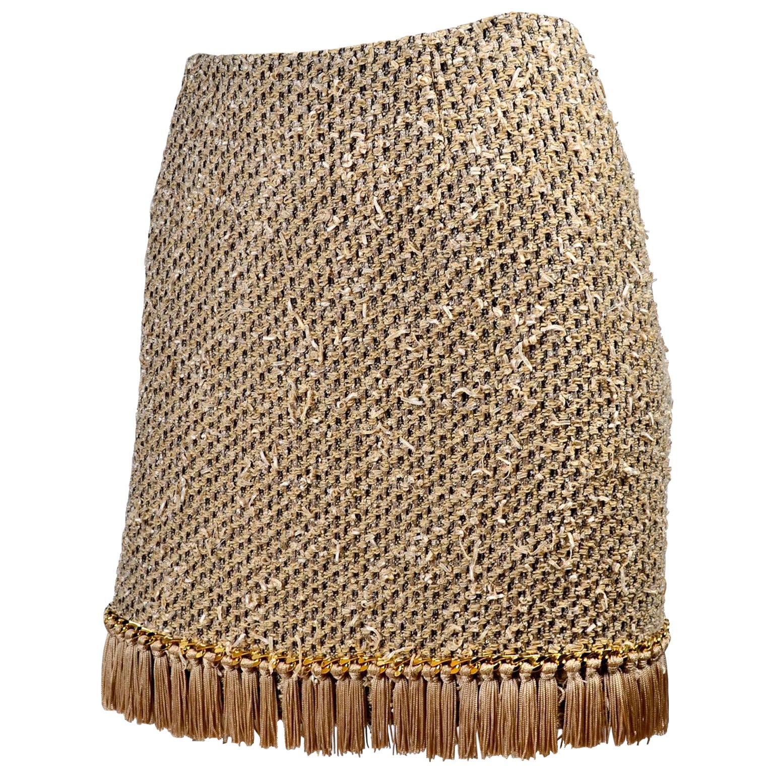Moschino Gold Woven Skirt With Chain Detail And Tassel Fringe